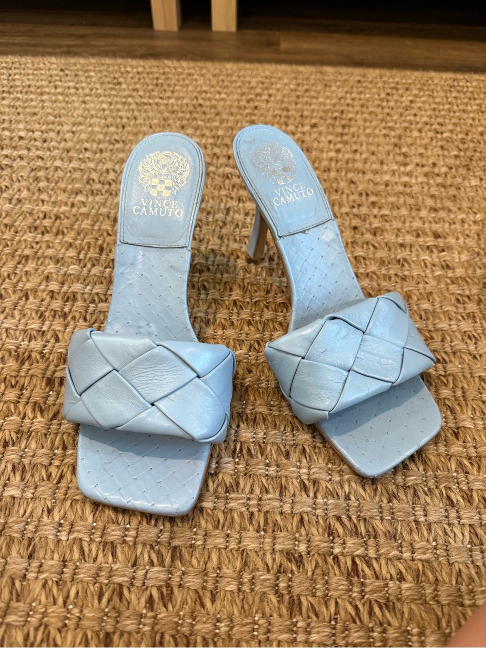 Vince Camuto Powder Blue Braided Leather Slide Heels